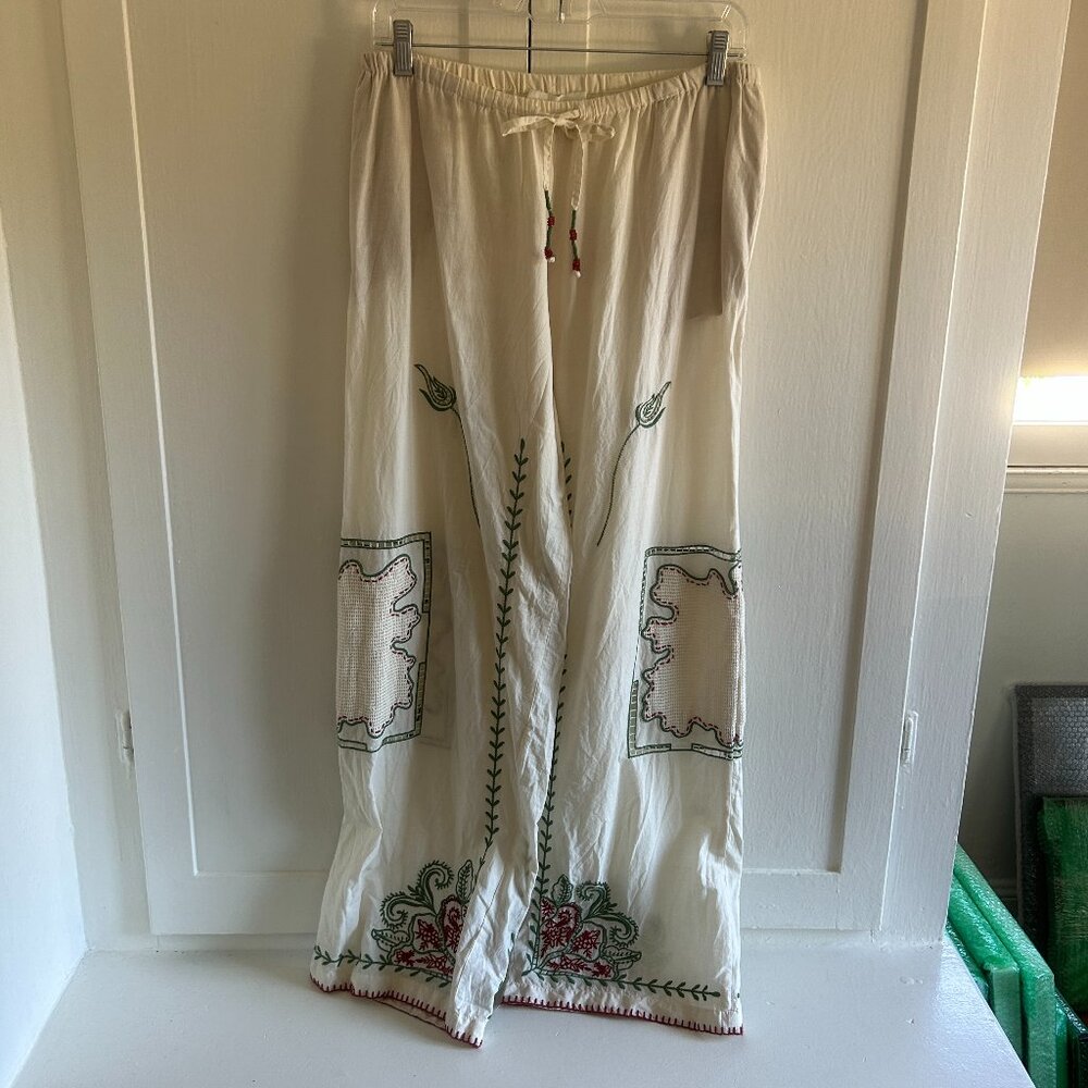 Zara Cream Wide Leg Pants with Embroidered Details